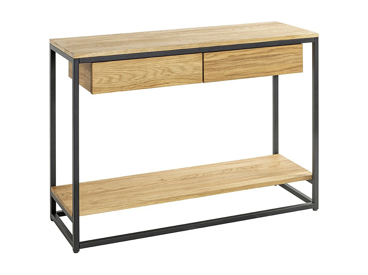 Console, meuble console en bois massif coloris chêne et métal noir -longueur  100 x profondeur  35 x hauteur  75 cm