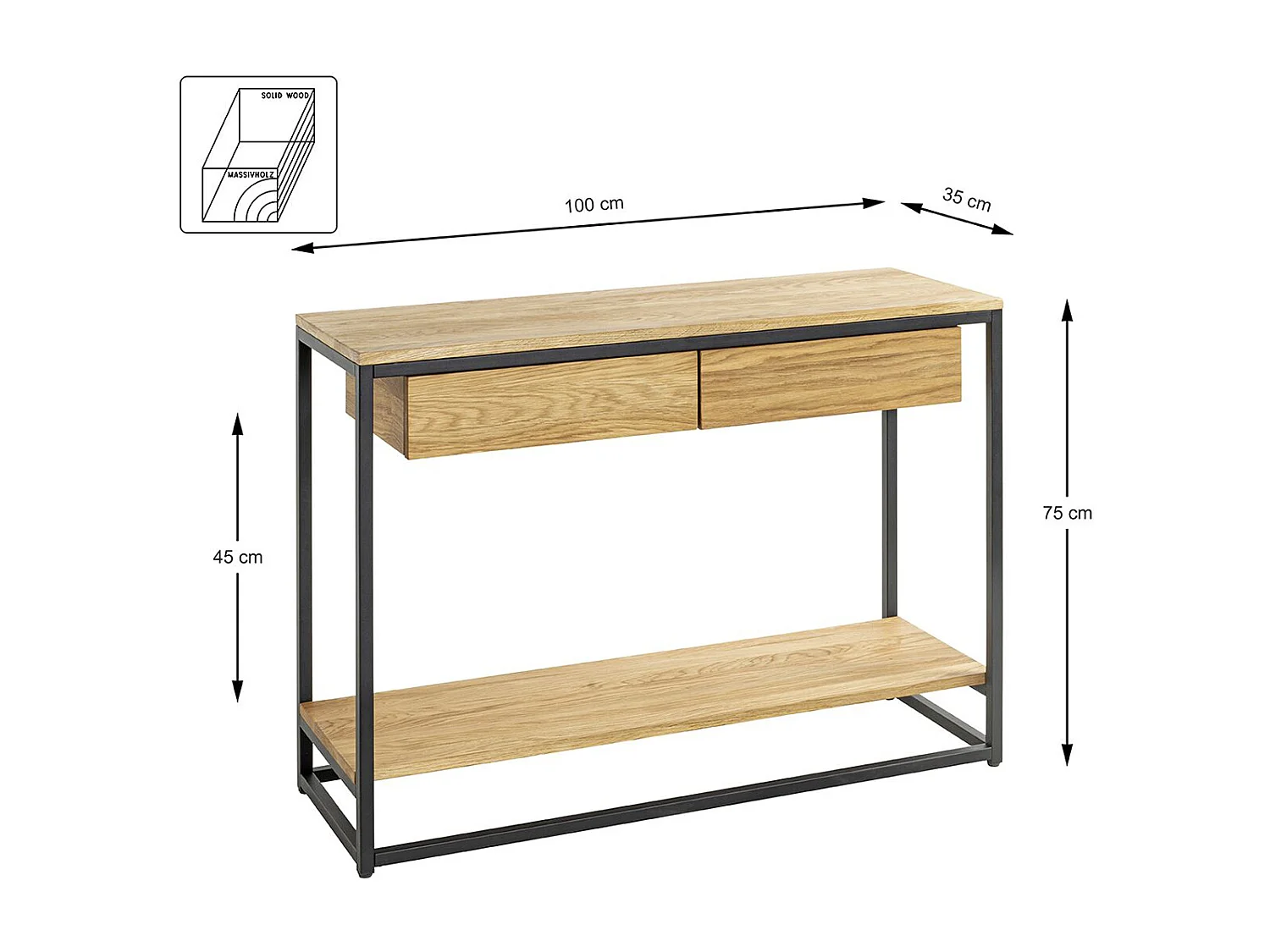 Console, meuble console en bois massif coloris chêne et métal noir -longueur  100 x profondeur  35 x hauteur  75 cm