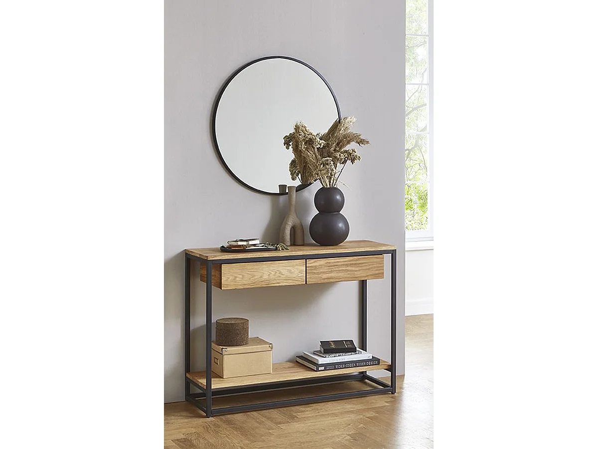 Console, meuble console en bois massif coloris chêne et métal noir -longueur  100 x profondeur  35 x hauteur  75 cm