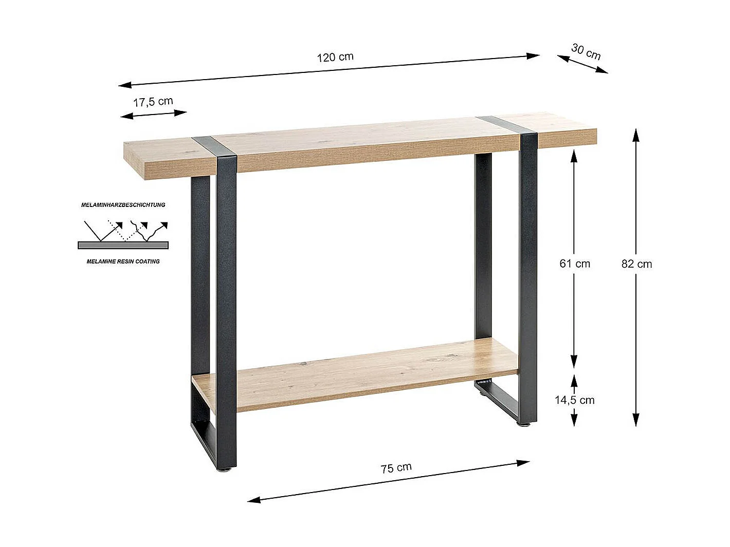 Meuble console, table console en bois coloris chêne et métal noir  -longueur 120 x profondeur 30 x hauteur 82 cm
