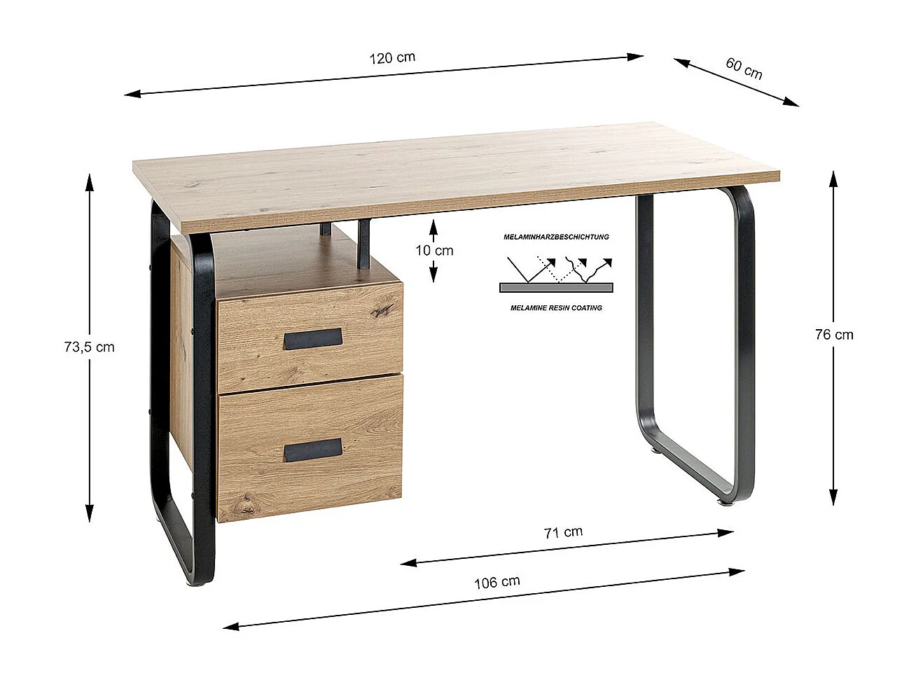 Bureau, meuble de bureau en bois coloris chêne et métal noir   -longueur 120 x profondeur 60 x hauteur 76 cm