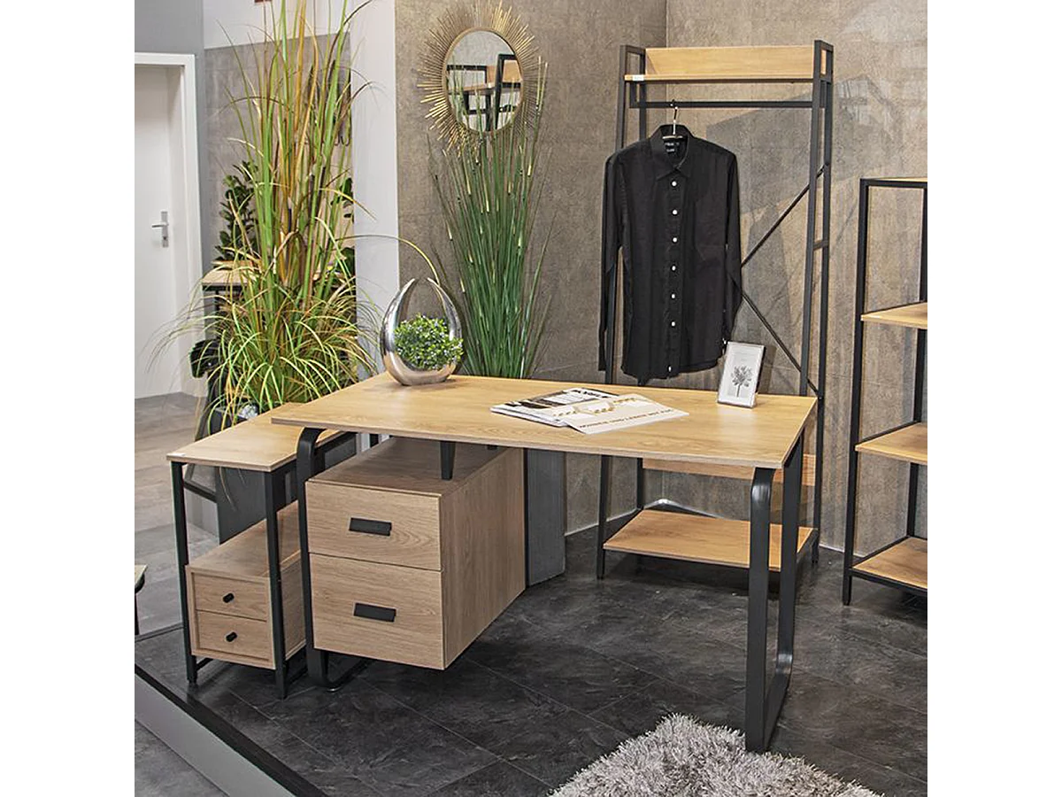 Bureau, meuble de bureau en bois coloris chêne et métal noir   -longueur 120 x profondeur 60 x hauteur 76 cm