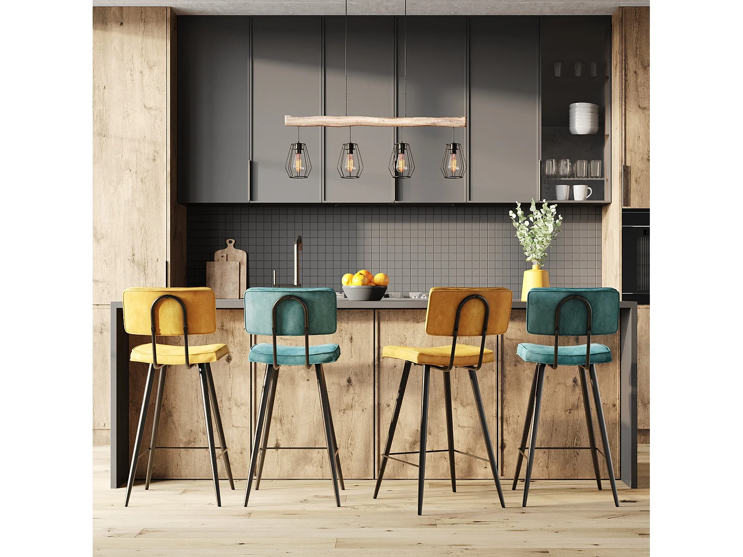 Pack 4 chaises pour îlot central bleues et jaunes 66 cm - Texas