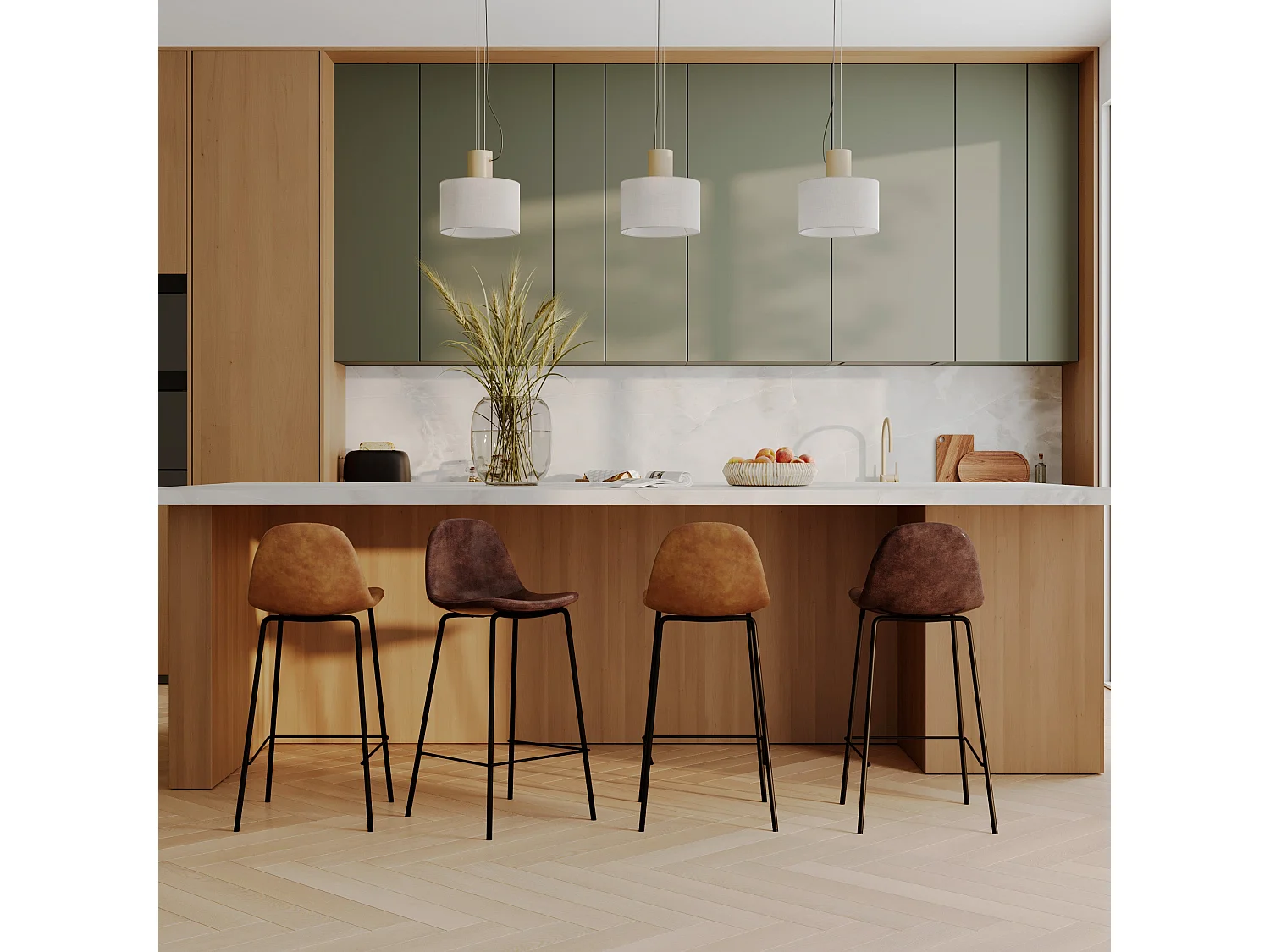 Pack 4 chaises pour îlot central camel et marron 65 cm - Henrik