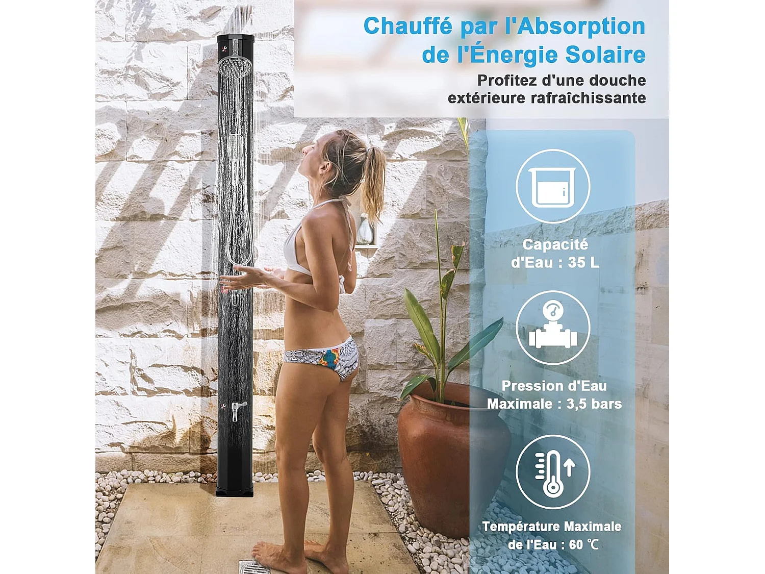 Solar-tuindouche 35L 217cm met vrij roterende douchekop 360° draaibaar Verstelbare temperatuur en druk voor binnenplaats, zwart