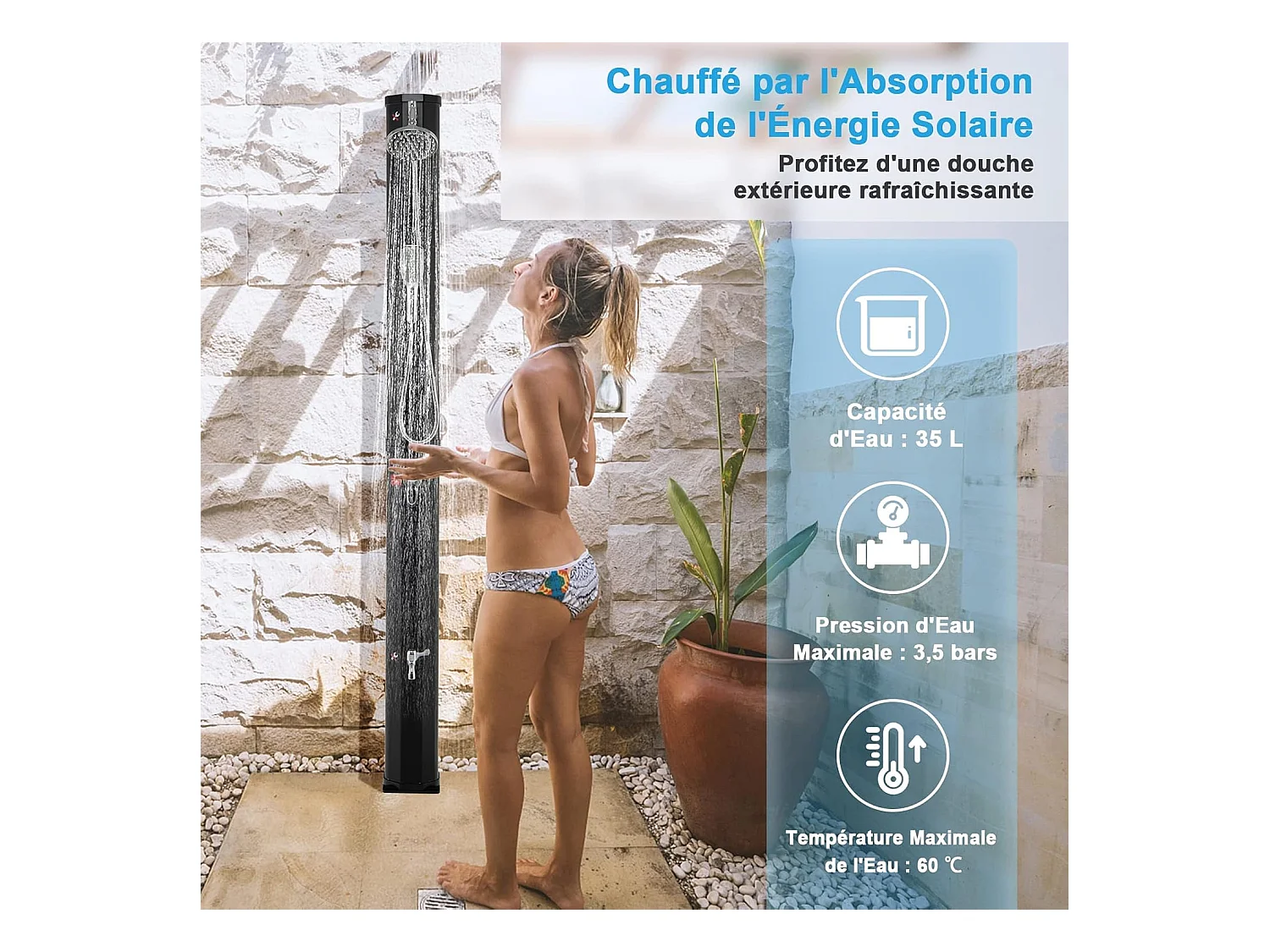 Douche Solaire de Jardin 35L 217cm avec Pommeau de Douche à Rotation Libre Rotatif à 360° Température et Pression Réglables pour Cour, Noir