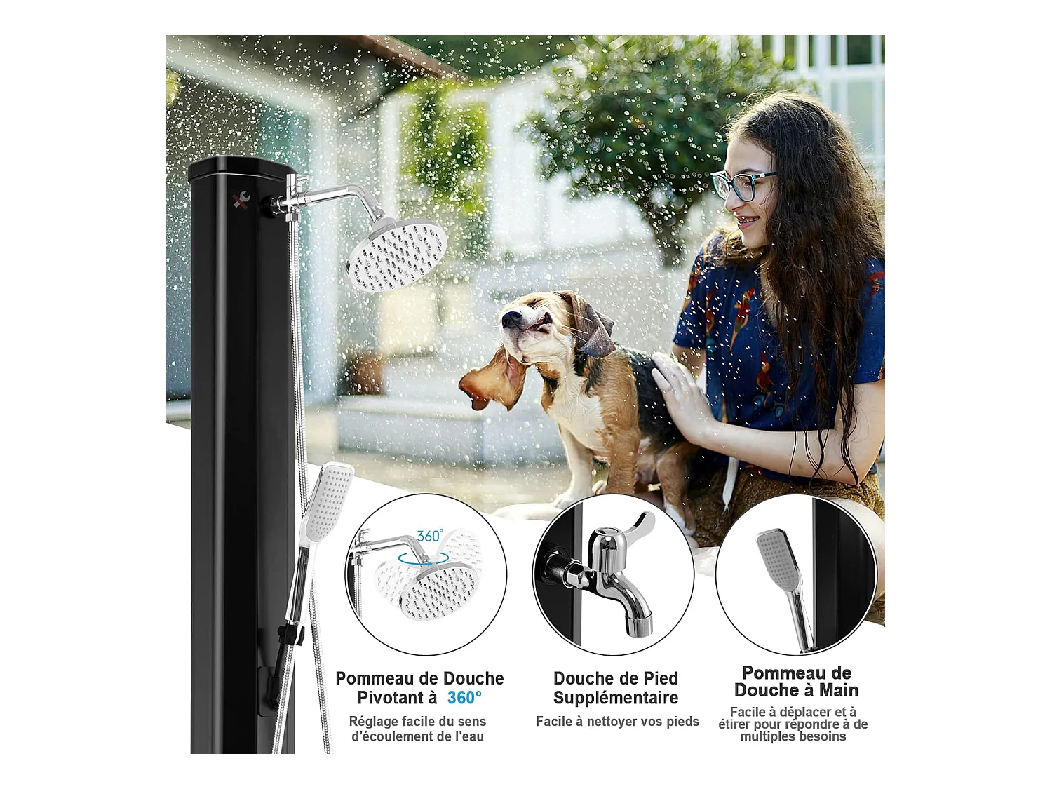 Douche Solaire de Jardin 35L 217cm avec Pommeau de Douche à Rotation Libre Rotatif à 360° Température et Pression Réglables pour Cour, Noir