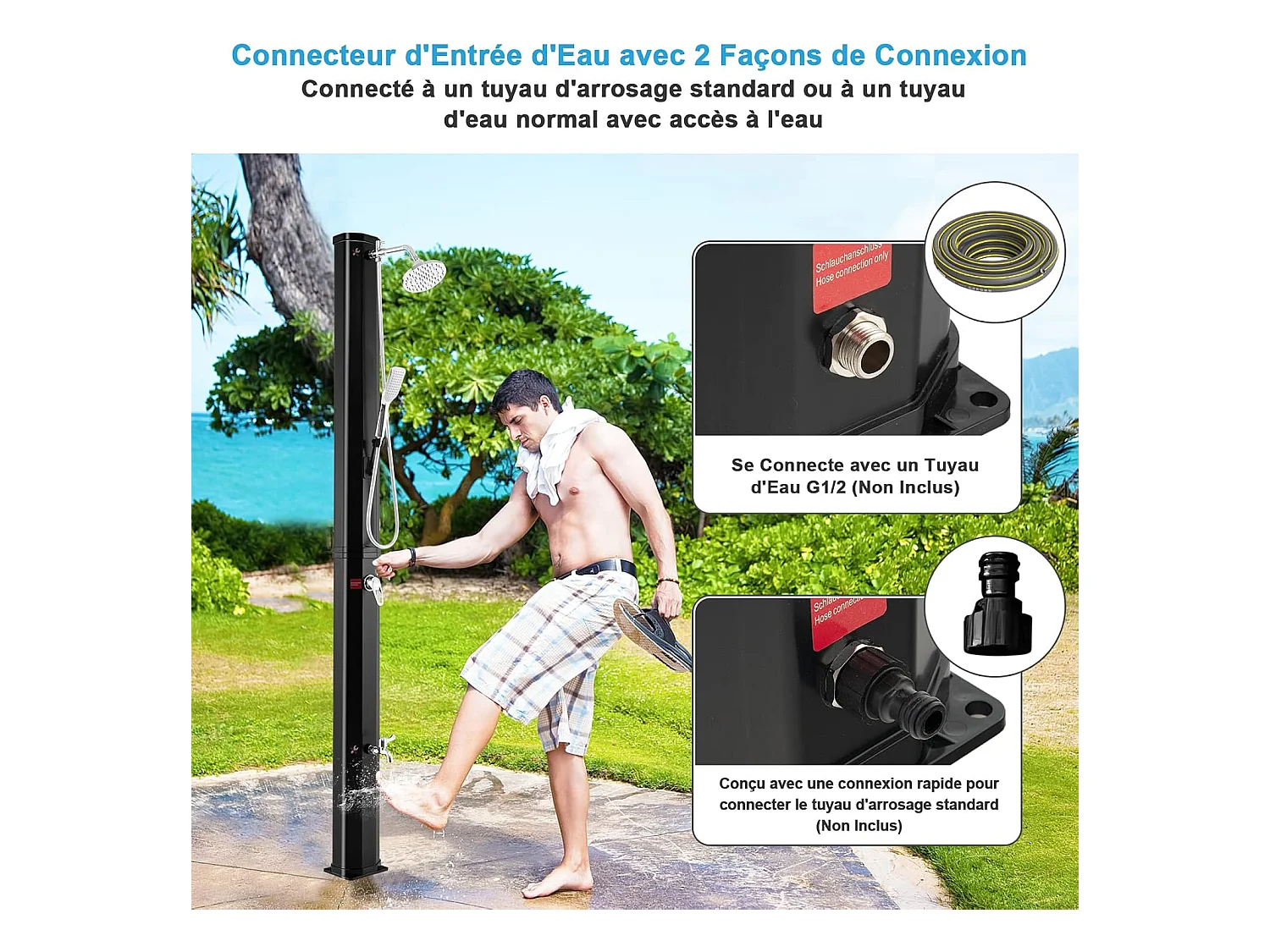 Douche Solaire de Jardin 35L 217cm avec Pommeau de Douche à Rotation Libre Rotatif à 360° Température et Pression Réglables pour Cour, Noir