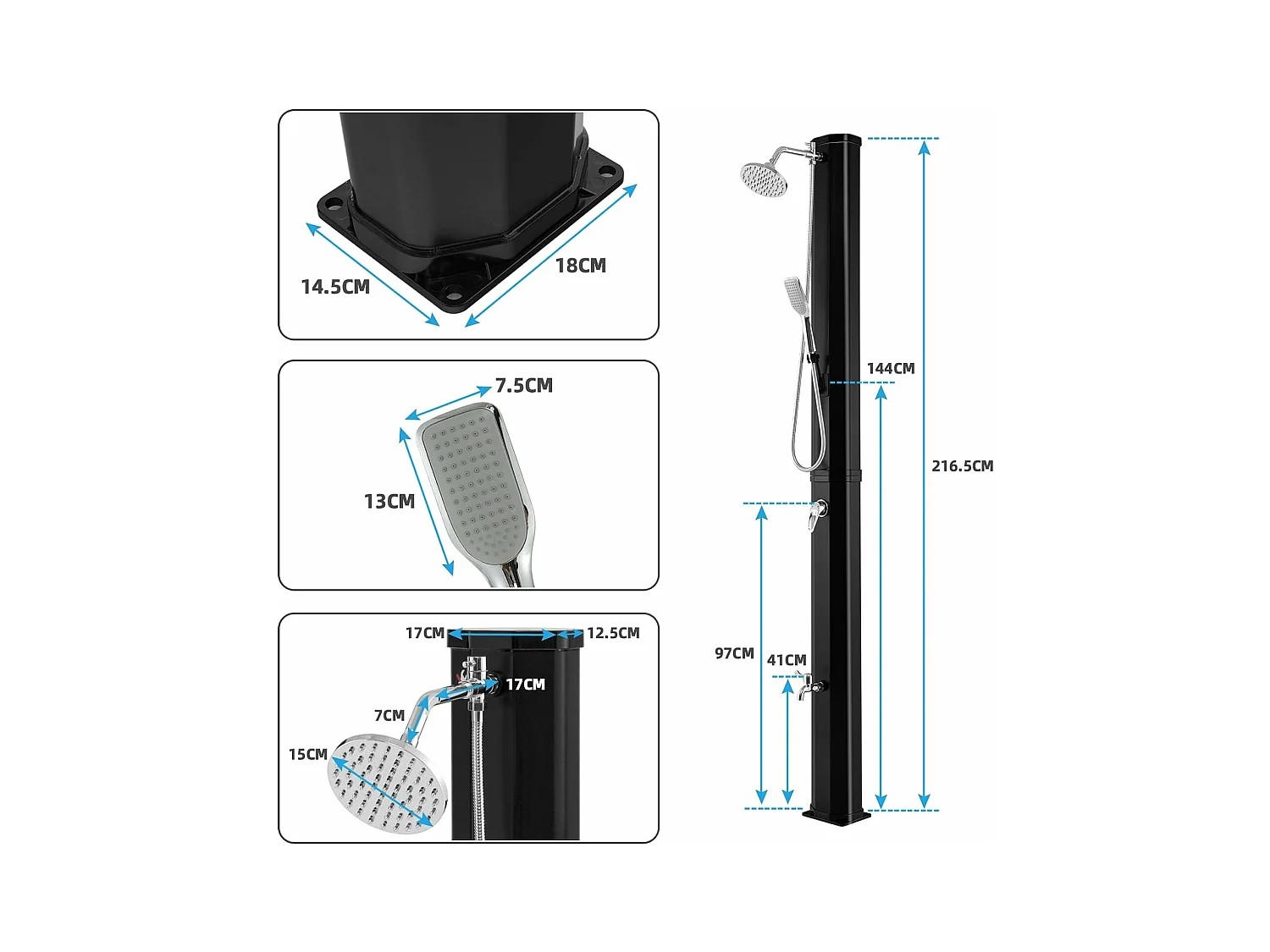 Douche Solaire de Jardin 35L 217cm avec Pommeau de Douche à Rotation Libre Rotatif à 360° Température et Pression Réglables pour Cour, Noir