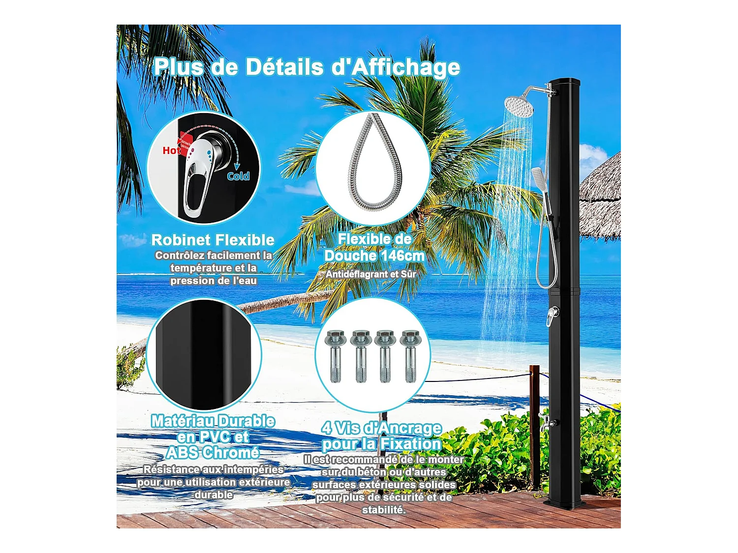 Douche Solaire de Jardin 35L 217cm avec Pommeau de Douche à Rotation Libre Rotatif à 360° Température et Pression Réglables pour Cour, Noir