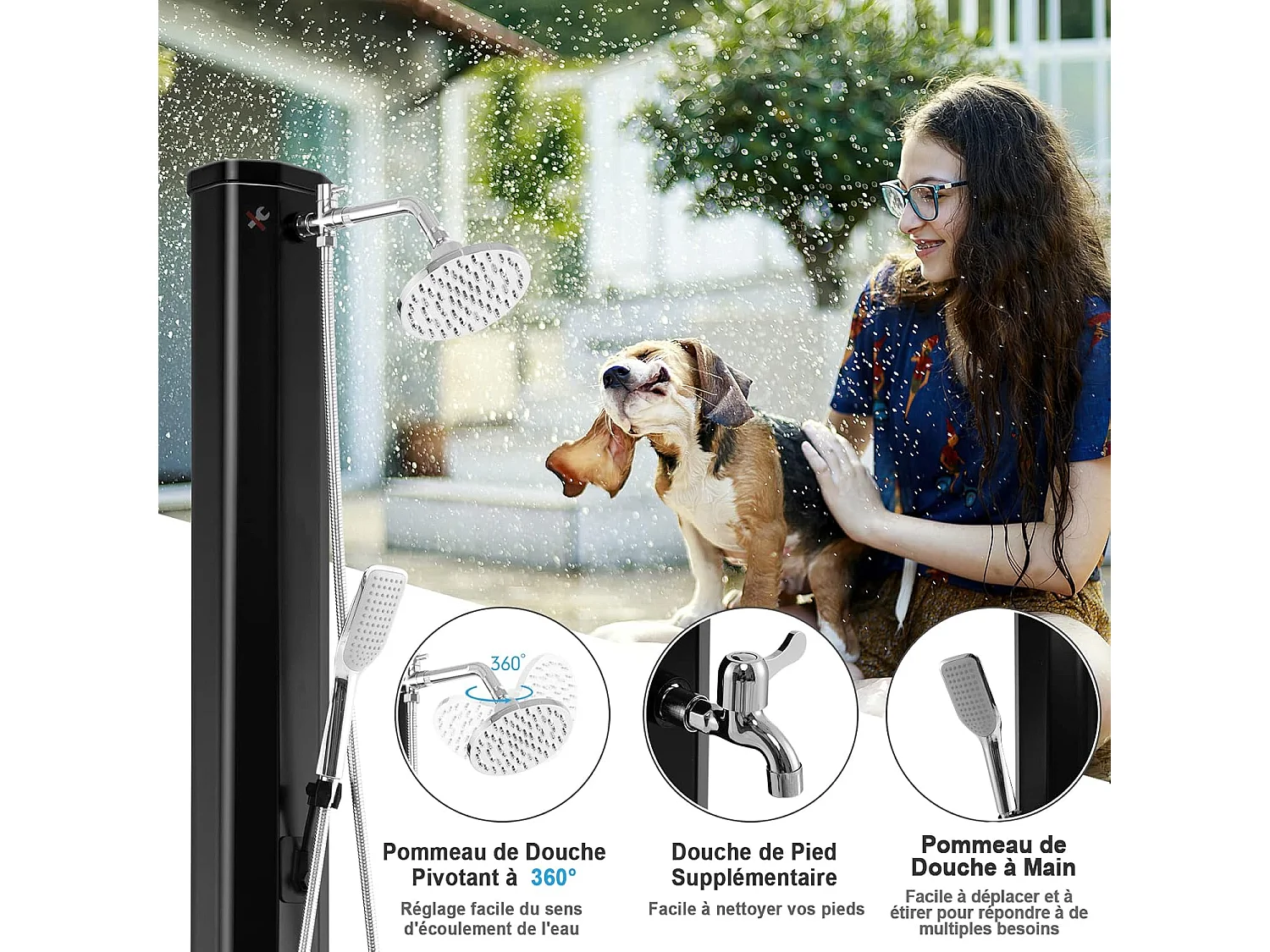 Douche Solaire de Jardin 35L 217cm avec Pommeau de Douche à Rotation Libre Rotatif à 360° Température et Pression Réglables pour Cour, Noir