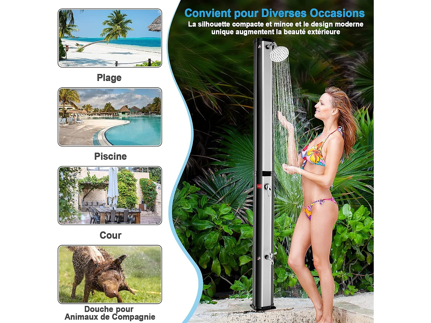 Douche Solaire de Jardin 35L 217cm avec Pommeau de Douche à Rotation Libre Rotatif à 360° Température et Pression Réglables pour Cour, Noir