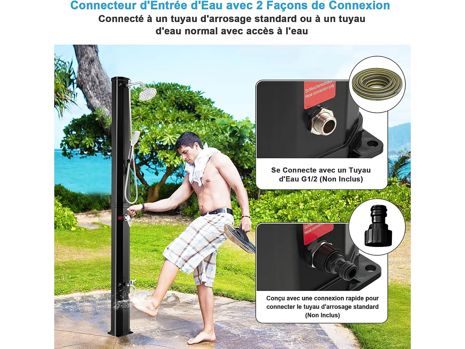 Douche Solaire de Jardin 35L 217cm avec Pommeau de Douche à Rotation Libre Rotatif à 360° Température et Pression Réglables pour Cour, Noir