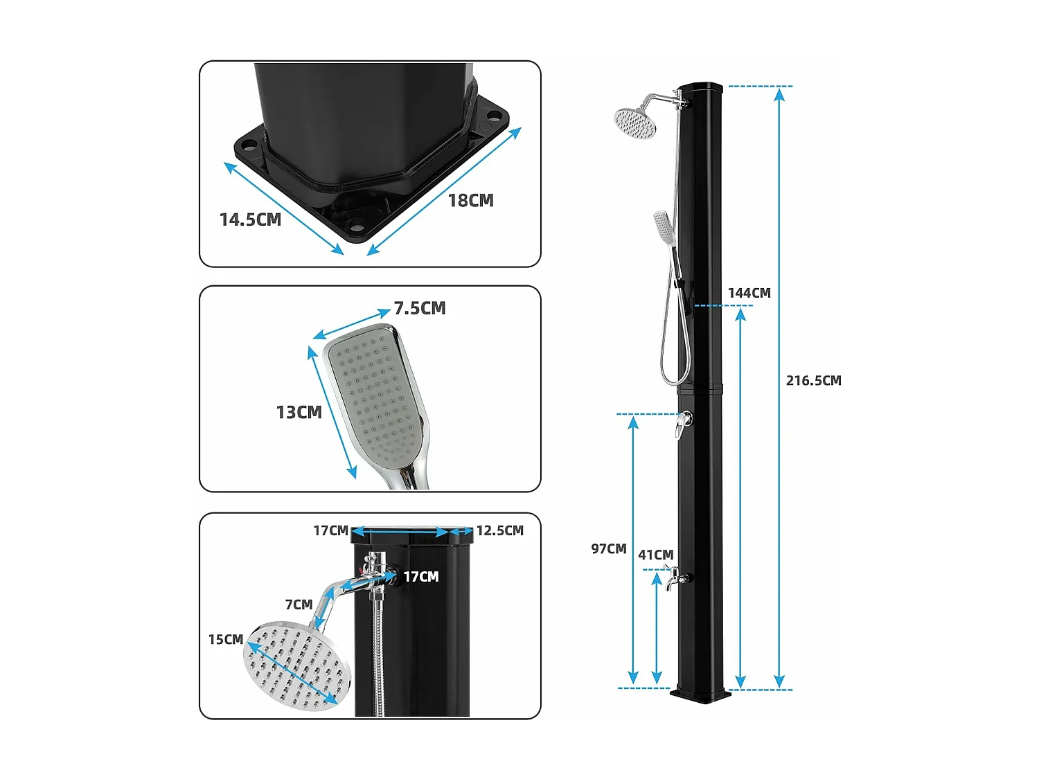 Douche Solaire de Jardin 35L 217cm avec Pommeau de Douche à Rotation Libre Rotatif à 360° Température et Pression Réglables pour Cour, Noir