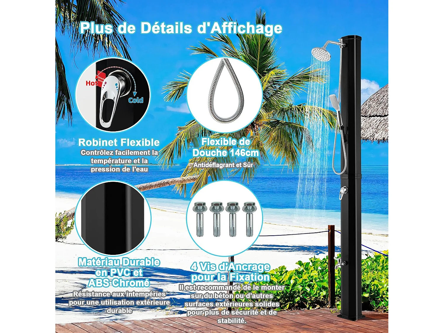 Douche Solaire de Jardin 35L 217cm avec Pommeau de Douche à Rotation Libre Rotatif à 360° Température et Pression Réglables pour Cour, Noir