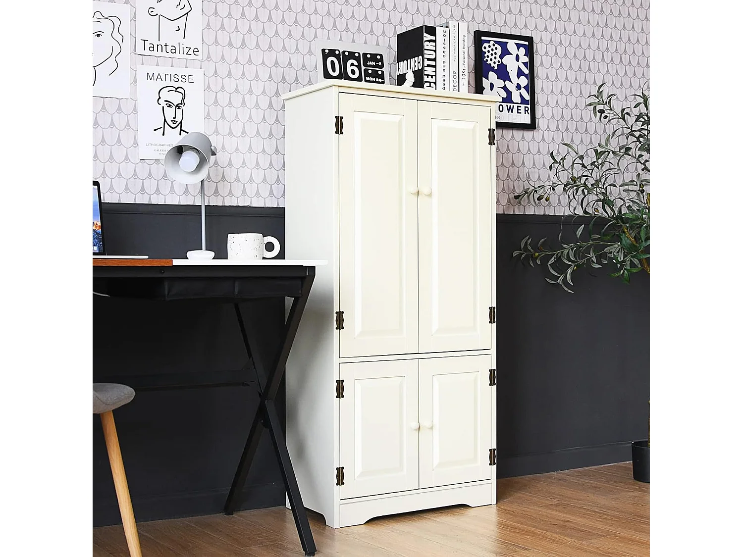 Armoire de Rangement Vintage en MDF Blanc，avec 2 Étagères Réglables sur 5 Positions et Dispositif Anti-Dumping, 58,5 x 31,5 x 123 cm, pour Salon, Chambre, Bureau