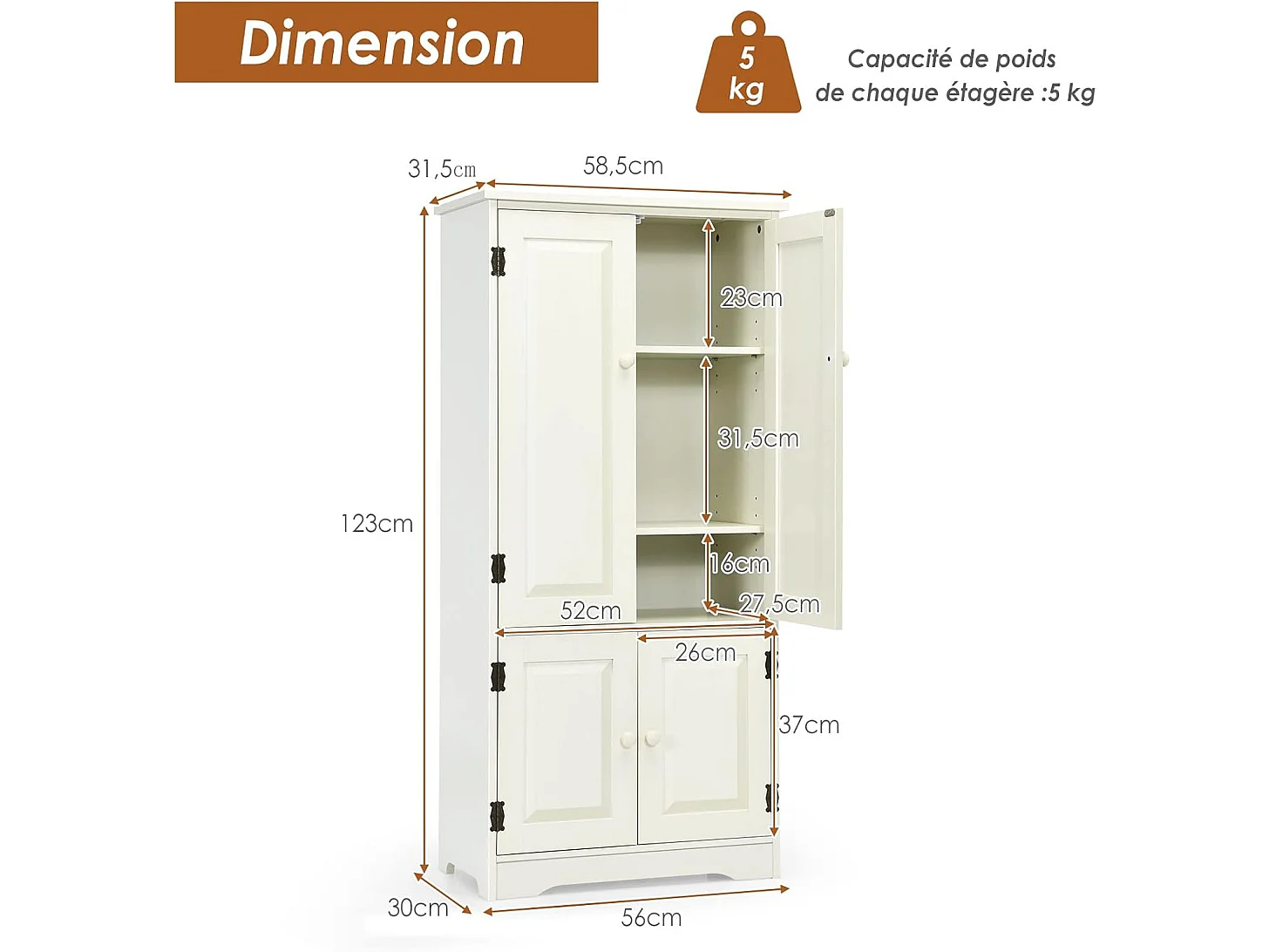 Armoire de Rangement Vintage en MDF Blanc，avec 2 Étagères Réglables sur 5 Positions et Dispositif Anti-Dumping, 58,5 x 31,5 x 123 cm, pour Salon, Chambre, Bureau