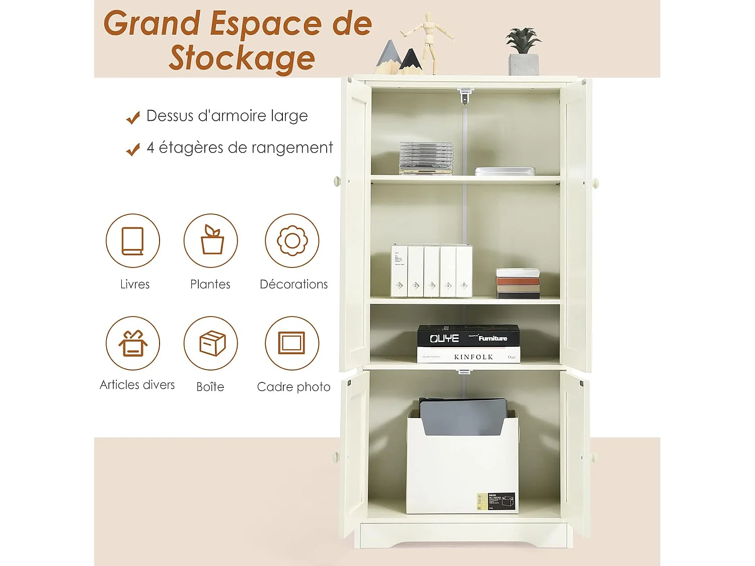 Armoire de Rangement Vintage en MDF Blanc，avec 2 Étagères Réglables sur 5 Positions et Dispositif Anti-Dumping, 58,5 x 31,5 x 123 cm, pour Salon, Chambre, Bureau