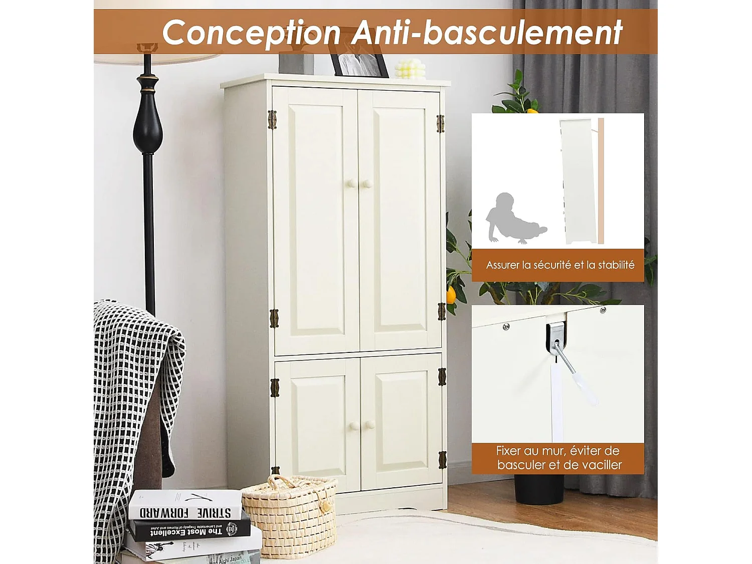 Armoire de Rangement Vintage en MDF Blanc，avec 2 Étagères Réglables sur 5 Positions et Dispositif Anti-Dumping, 58,5 x 31,5 x 123 cm, pour Salon, Chambre, Bureau