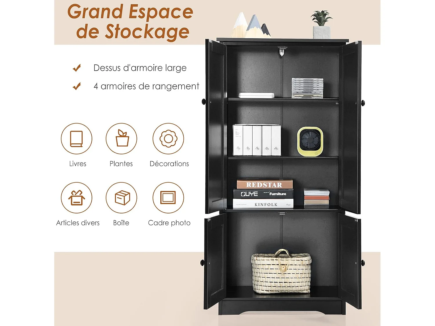 Armoire de Rangement Vintage en MDF Noir,avec 2 Étagères Réglables sur 5 Positions et Dispositif Anti-Dumping, 58,5 x 31,5 x 123 cm, pour Salon, Chambre, Bureau