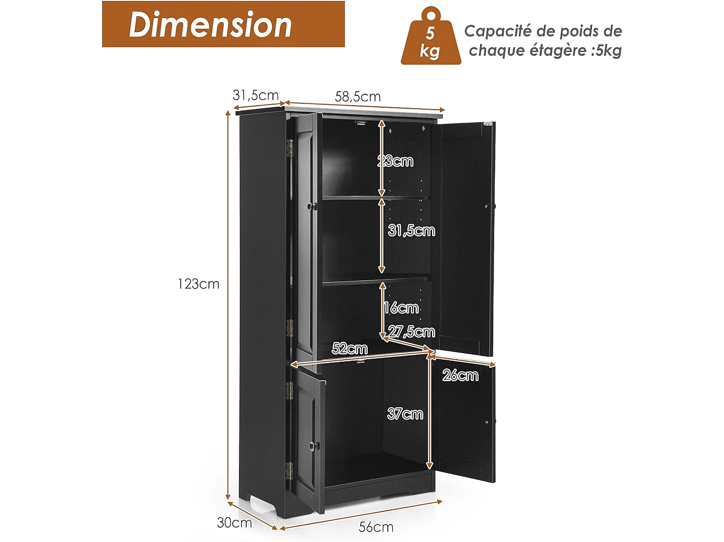Armoire de Rangement Vintage en MDF Noir,avec 2 Étagères Réglables sur 5 Positions et Dispositif Anti-Dumping, 58,5 x 31,5 x 123 cm, pour Salon, Chambre, Bureau