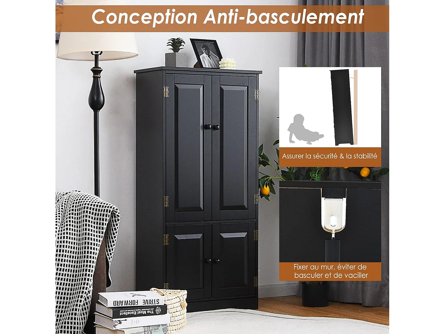 Armoire de Rangement Vintage en MDF Noir,avec 2 Étagères Réglables sur 5 Positions et Dispositif Anti-Dumping, 58,5 x 31,5 x 123 cm, pour Salon, Chambre, Bureau