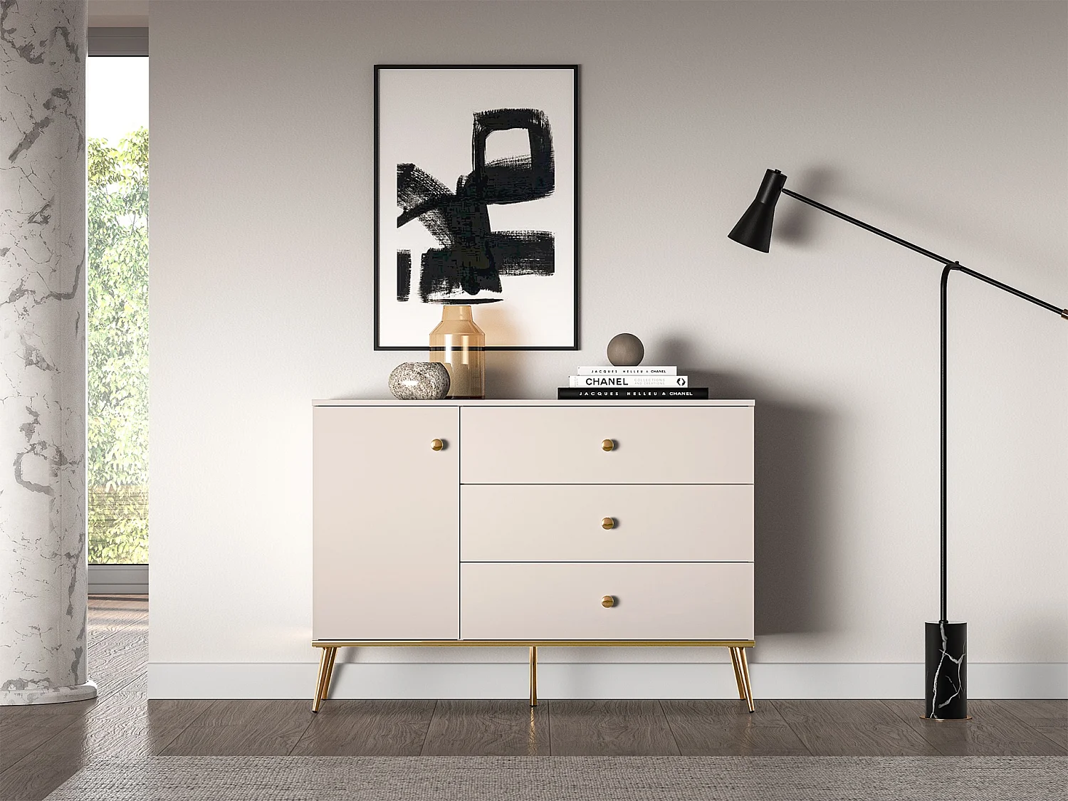 Buffet - 120 cm - 1 porte avec trois tiroirs - grège avec pieds dorés - SELGIN