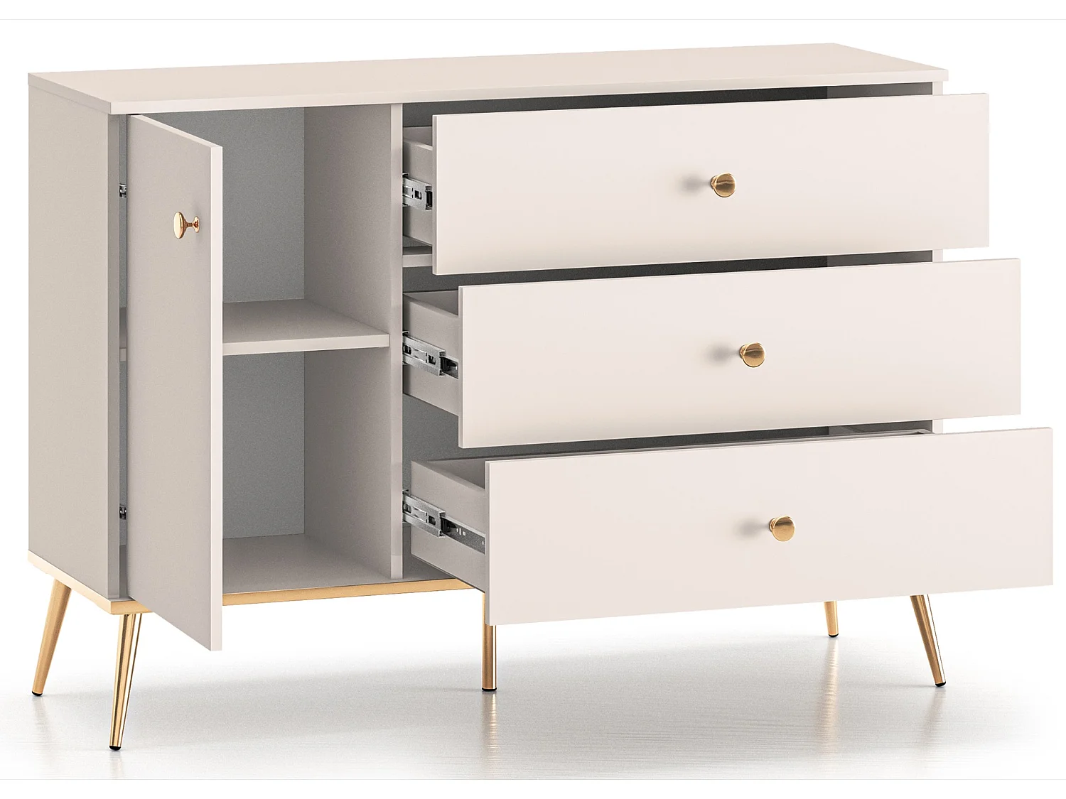 Buffet - 120 cm - 1 porte avec trois tiroirs - grège avec pieds dorés - SELGIN