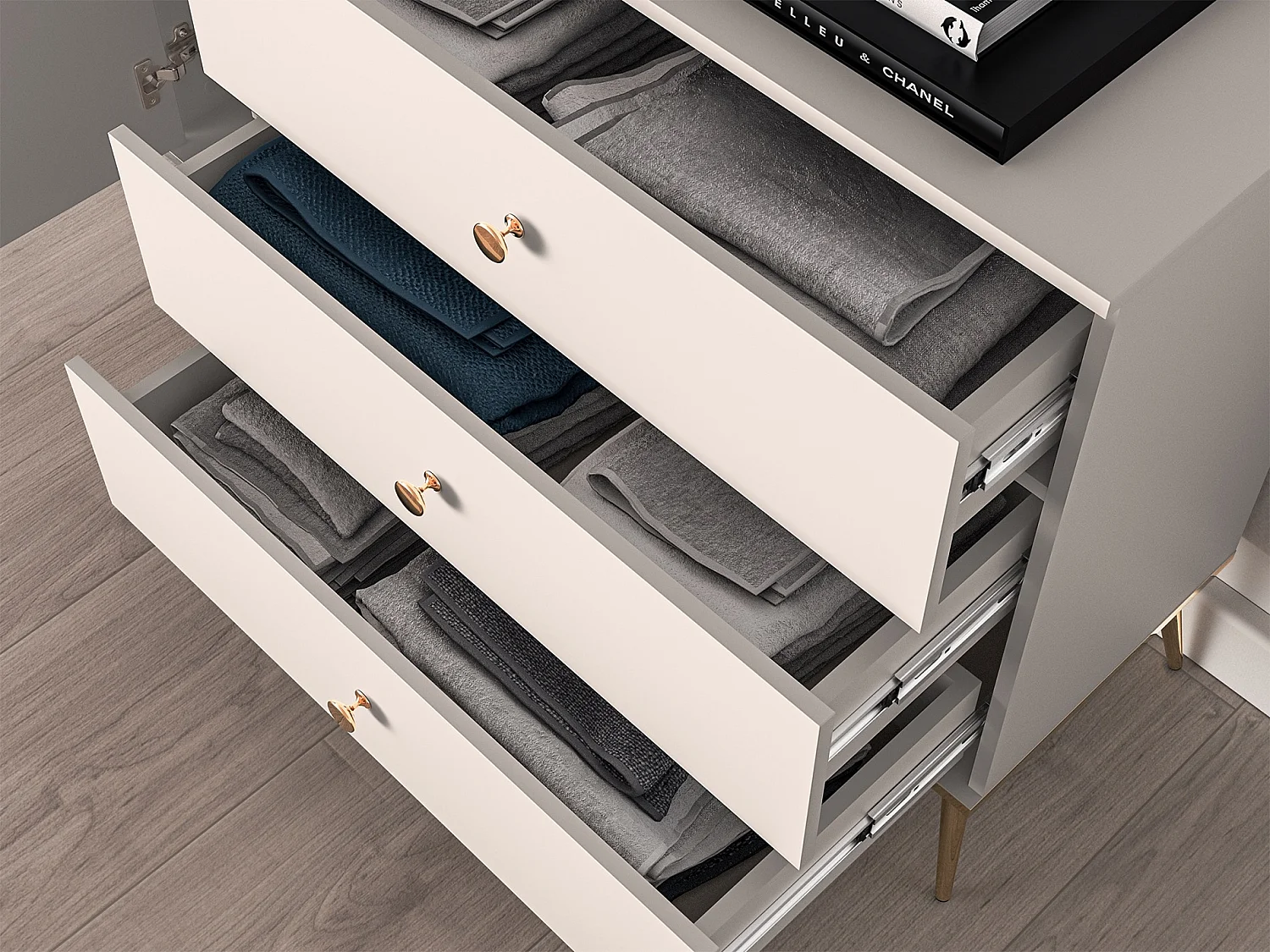 Buffet - 120 cm - 1 porte avec trois tiroirs - grège avec pieds dorés - SELGIN