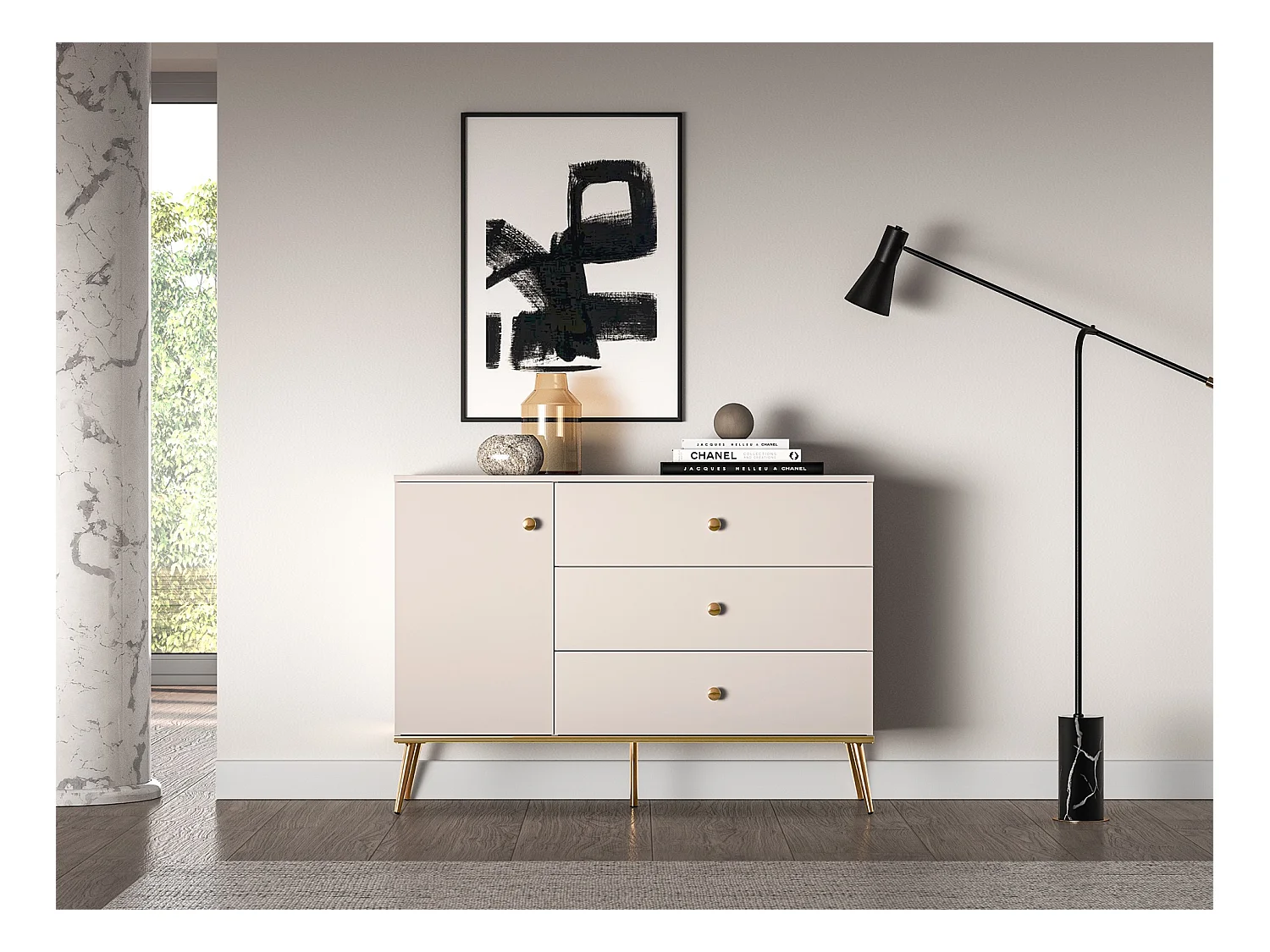 Buffet - 120 cm - 1 porte avec trois tiroirs - grège avec pieds dorés - SELGIN