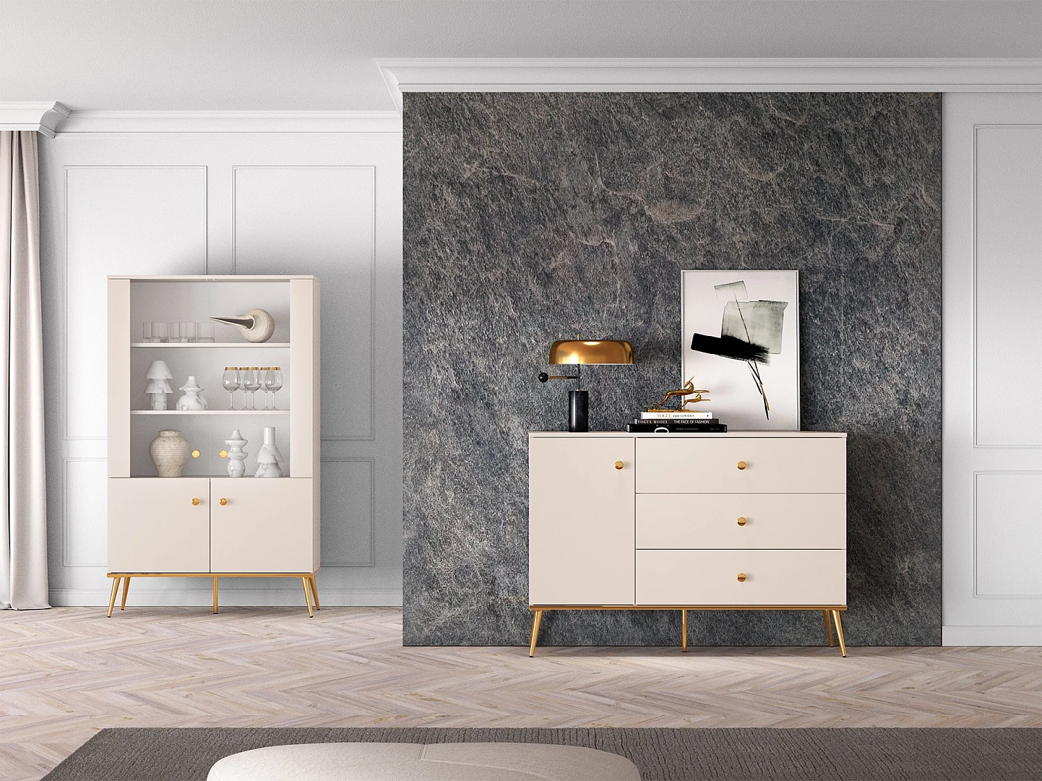 Buffet - 120 cm - 1 porte avec trois tiroirs - grège avec pieds dorés - SELGIN