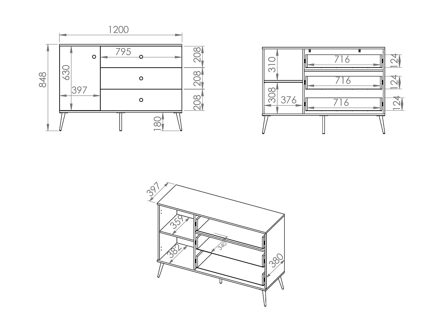 Buffet - 120 cm - 1 porte avec trois tiroirs - grège avec pieds dorés - SELGIN