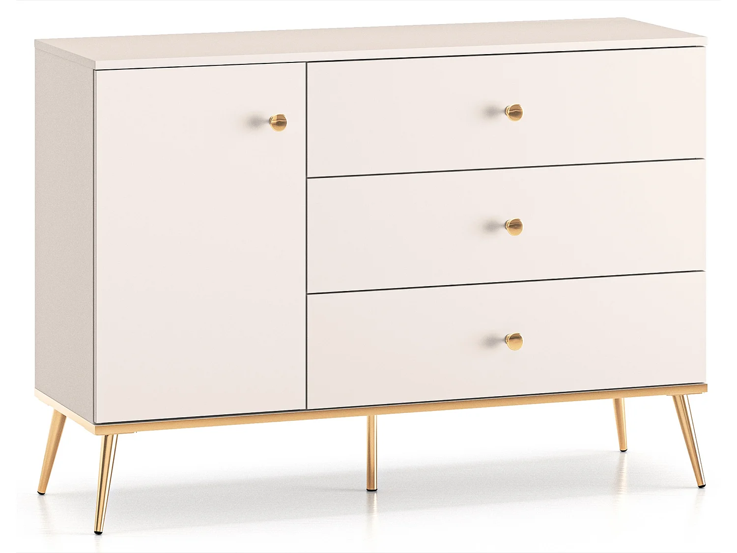 Buffet - 120 cm - 1 porte avec trois tiroirs - grège avec pieds dorés - SELGIN