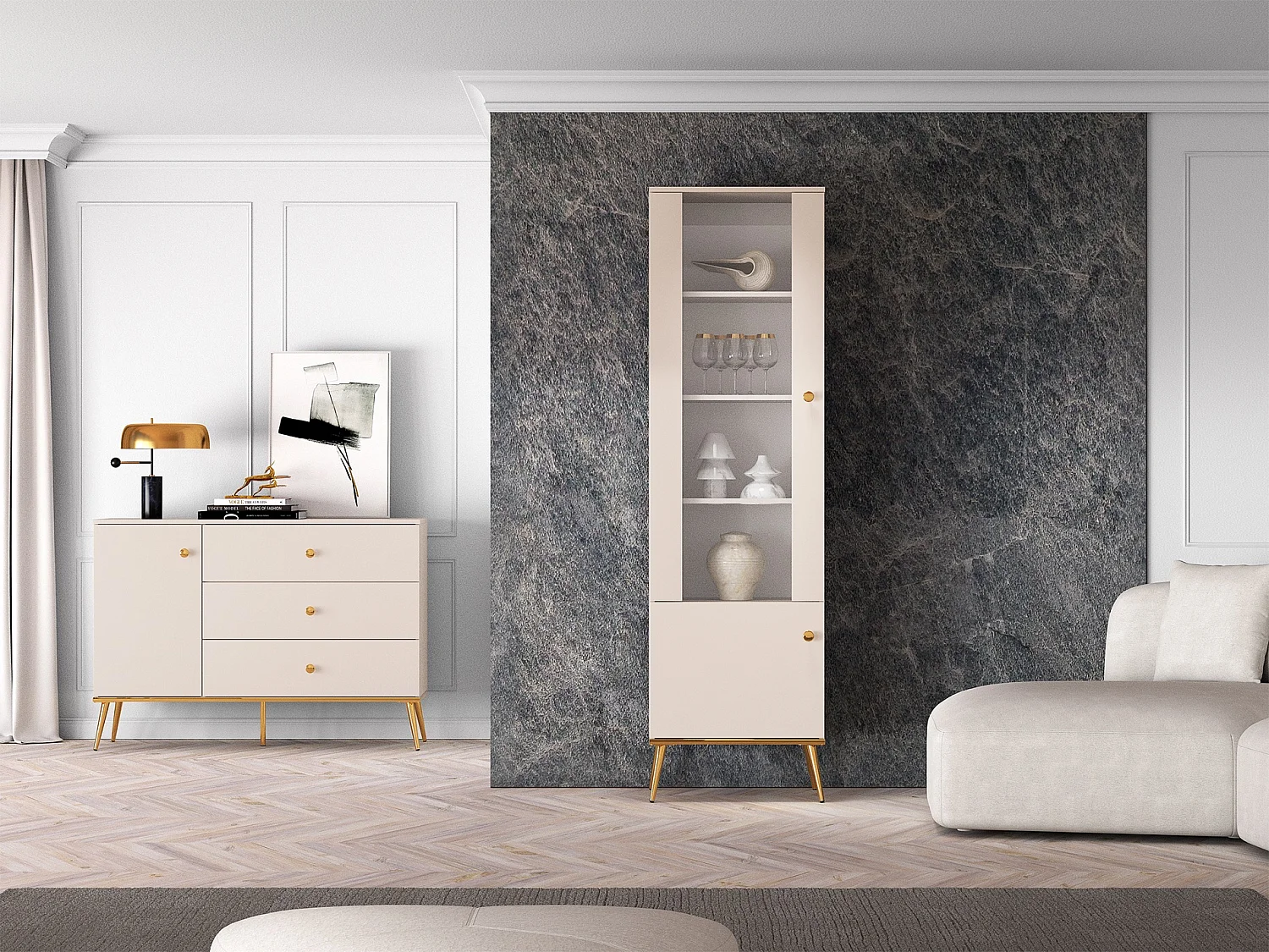 Buffet - 120 cm - 1 porte avec trois tiroirs - grège avec pieds dorés - SELGIN