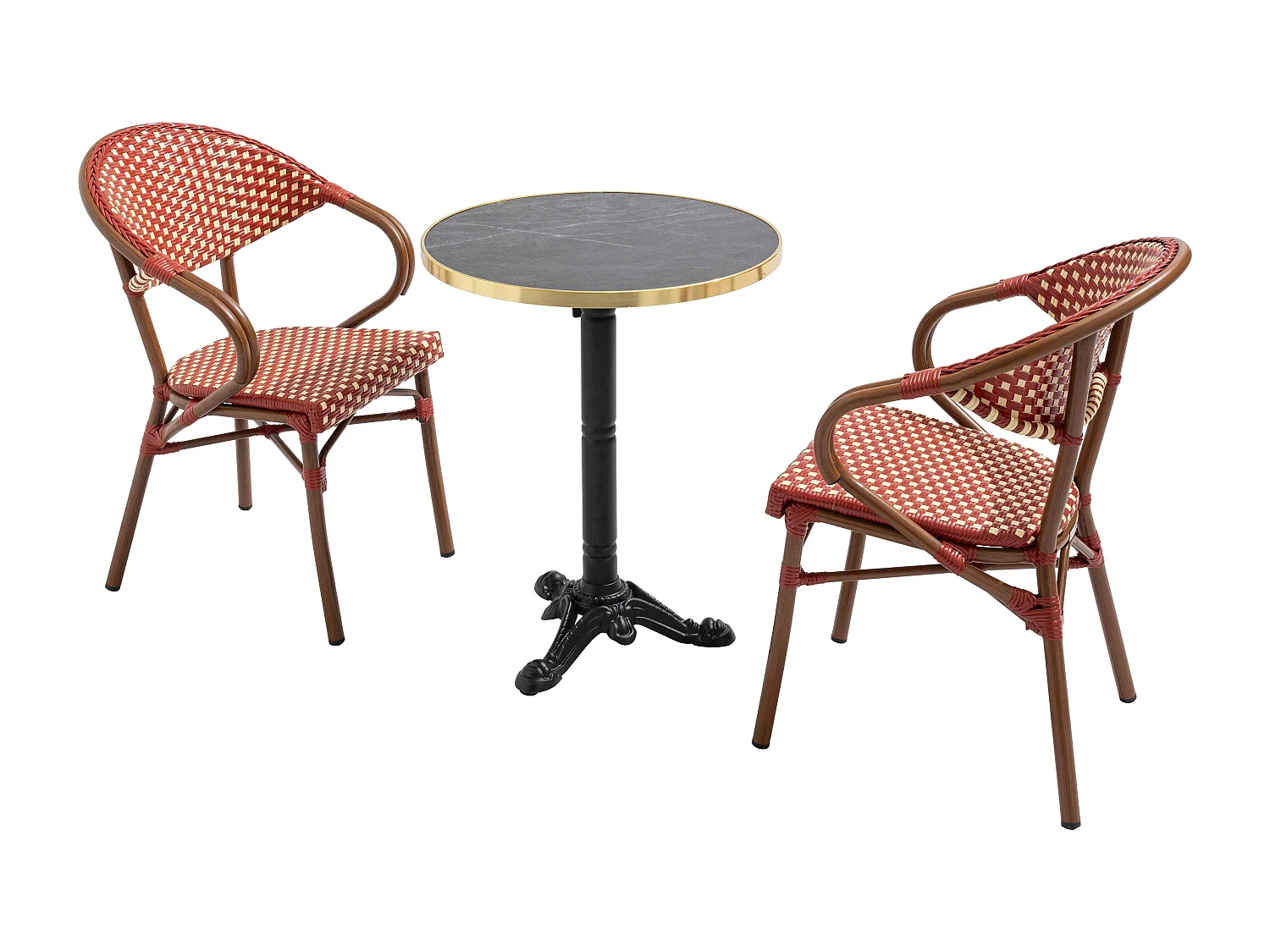 Table de terrasse 60cm inclinable marbre noir et 2 chaises rouge
