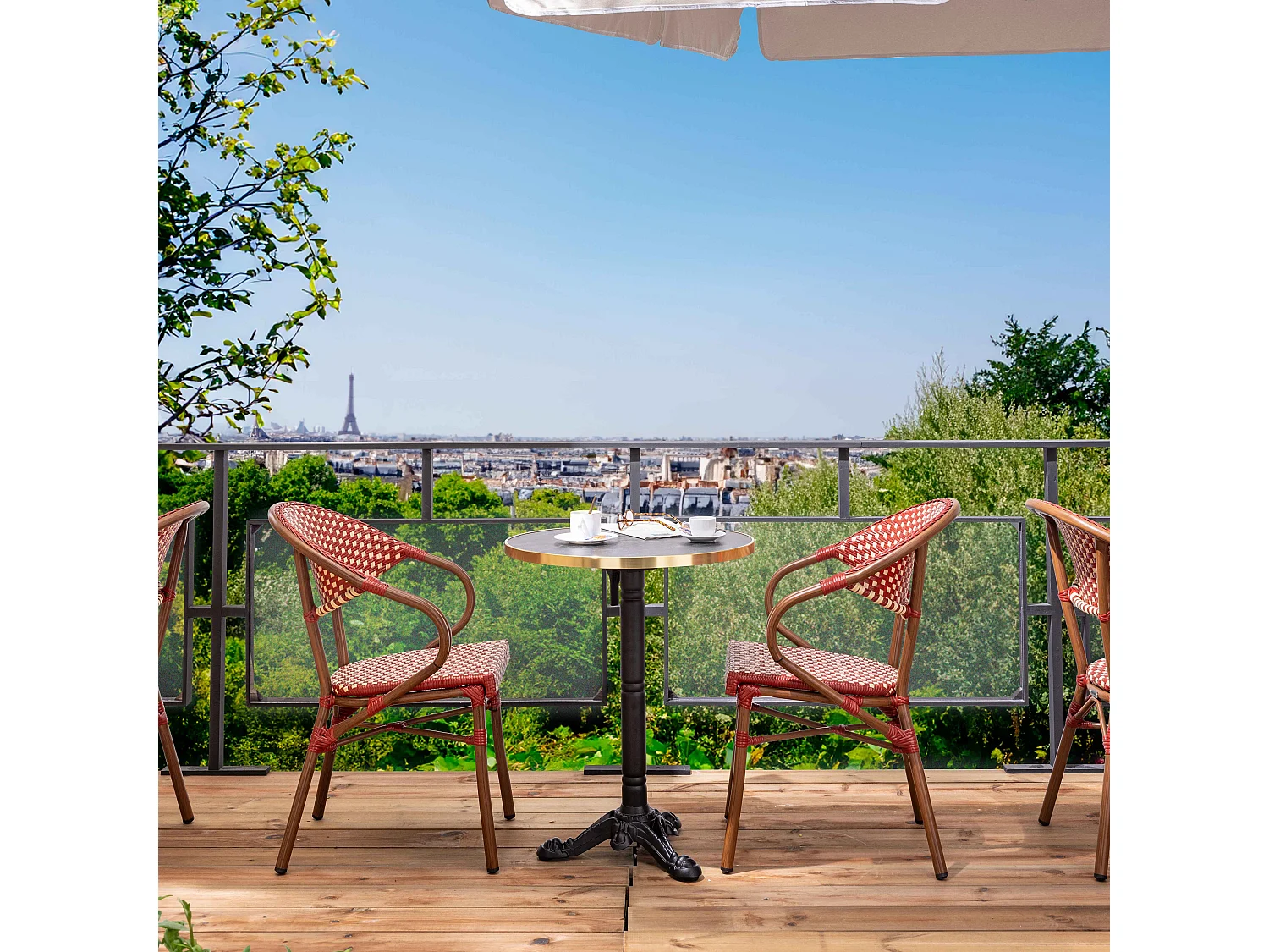 Table de terrasse 60cm inclinable marbre noir et 2 chaises rouge