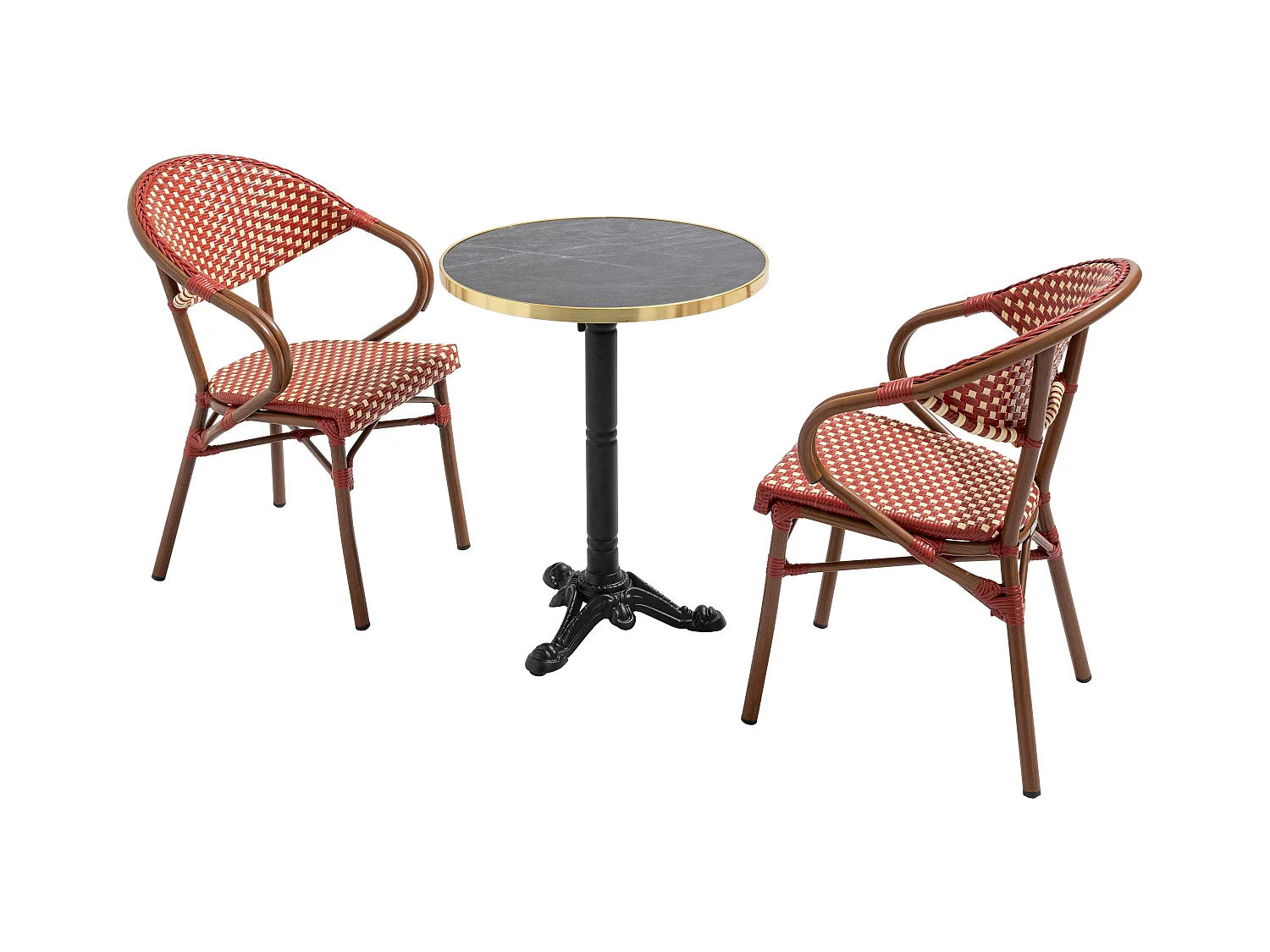 Table de terrasse 60cm inclinable marbre noir et 2 chaises rouge