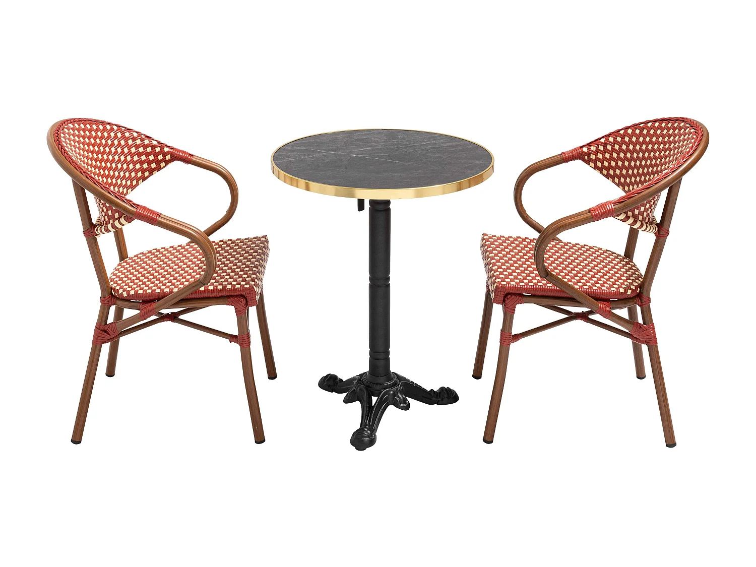 Table de terrasse 60cm inclinable marbre noir et 2 chaises rouge