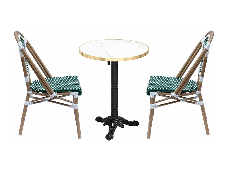 Ensemble table de terrasse inclinable marbre blanc et 2 chaises vert