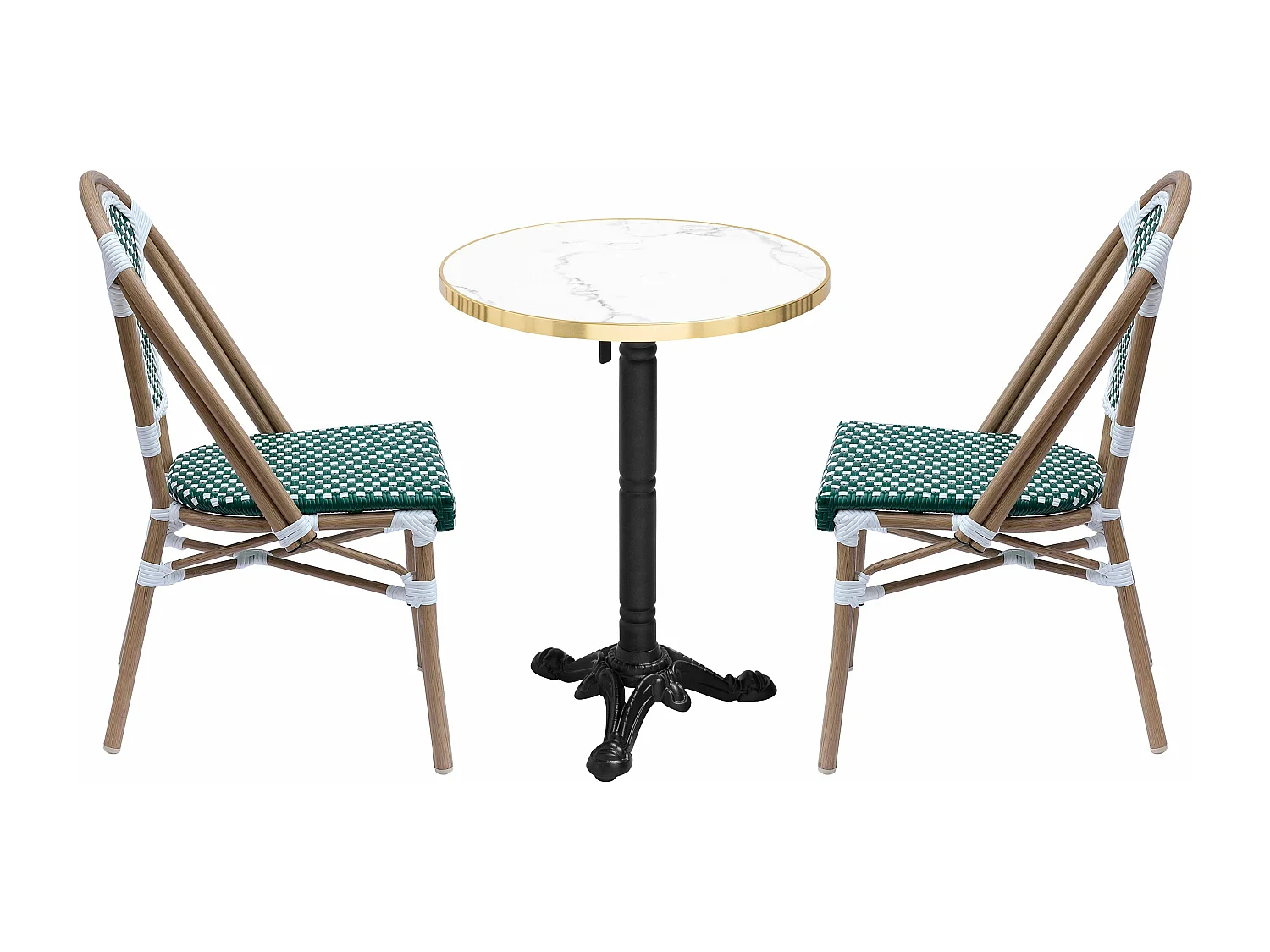 Ensemble table de terrasse inclinable marbre blanc et 2 chaises vert