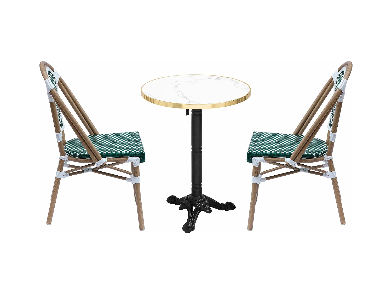 Ensemble table de terrasse inclinable marbre blanc et 2 chaises vert