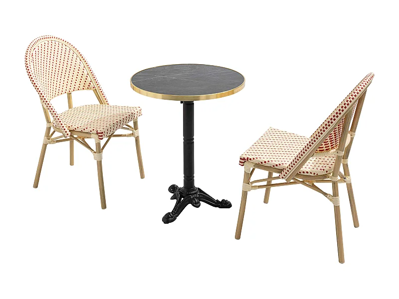 60 cm verstelbare zwartmarmeren terrastafel en 2 rode stoelen