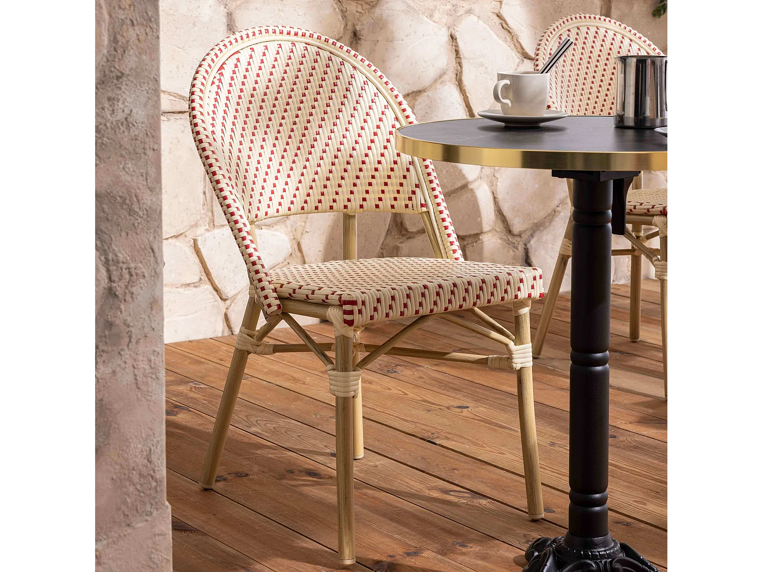 Table de terrasse 60cm inclinable marbre noir et 2 chaises rouge