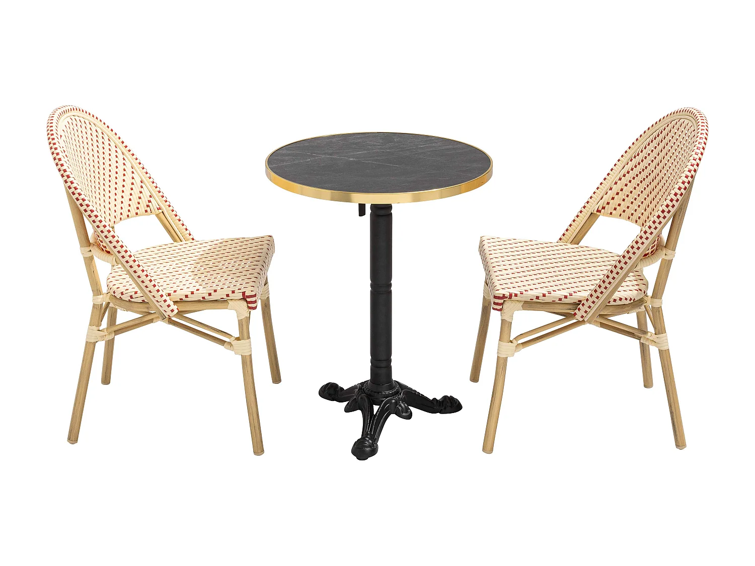 Table de terrasse 60cm inclinable marbre noir et 2 chaises rouge