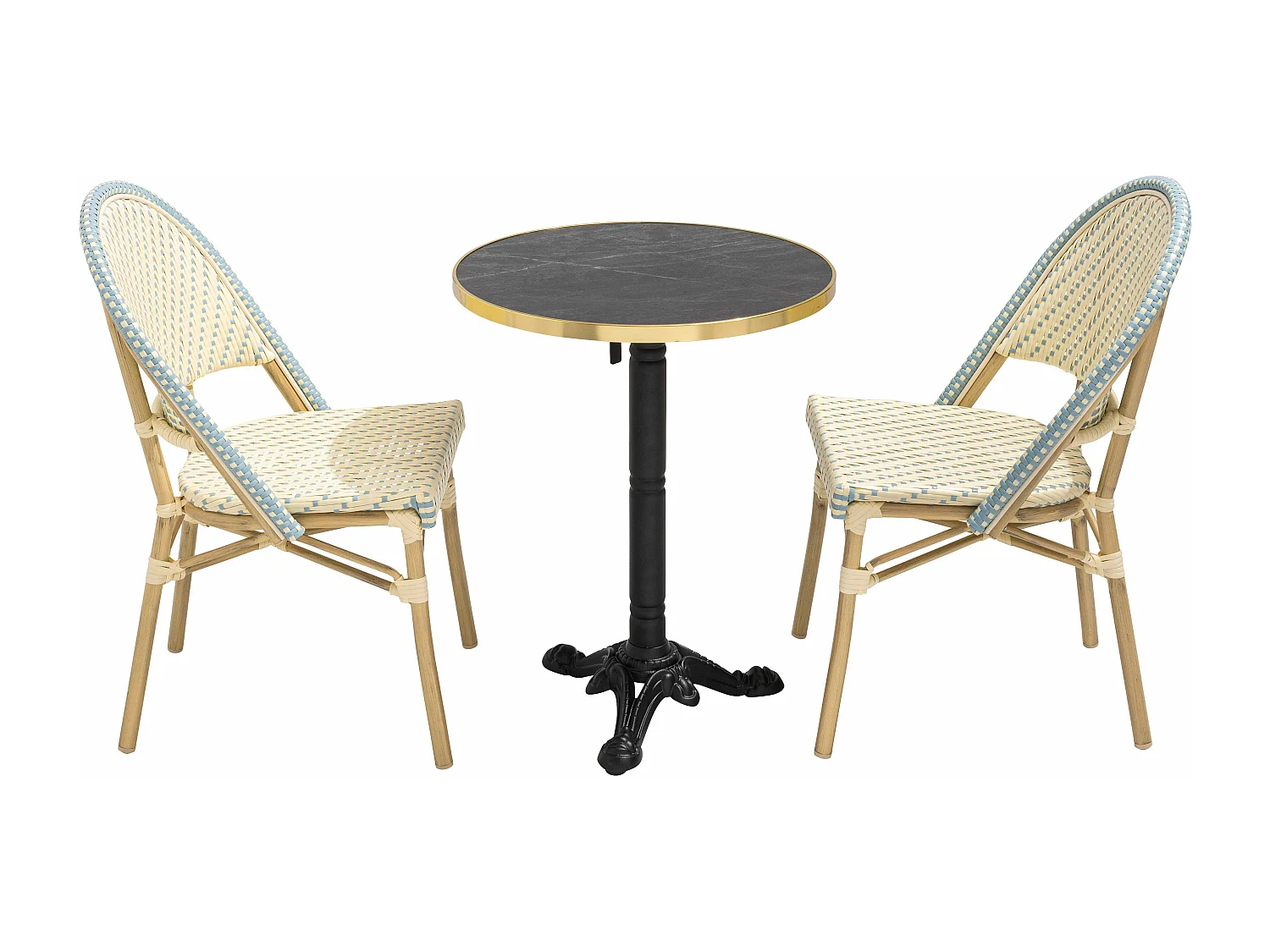 60 cm verstelbare zwartmarmeren terrastafel en 2 blauwe stoelen