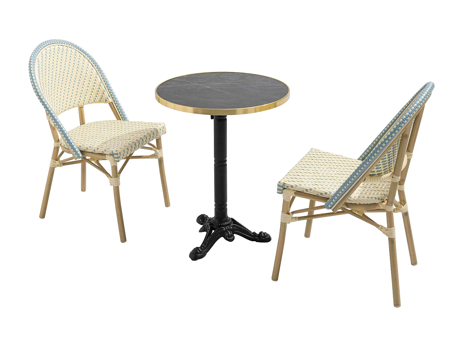 Table de terrasse 60cm inclinable marbre noir et 2 chaises bleu