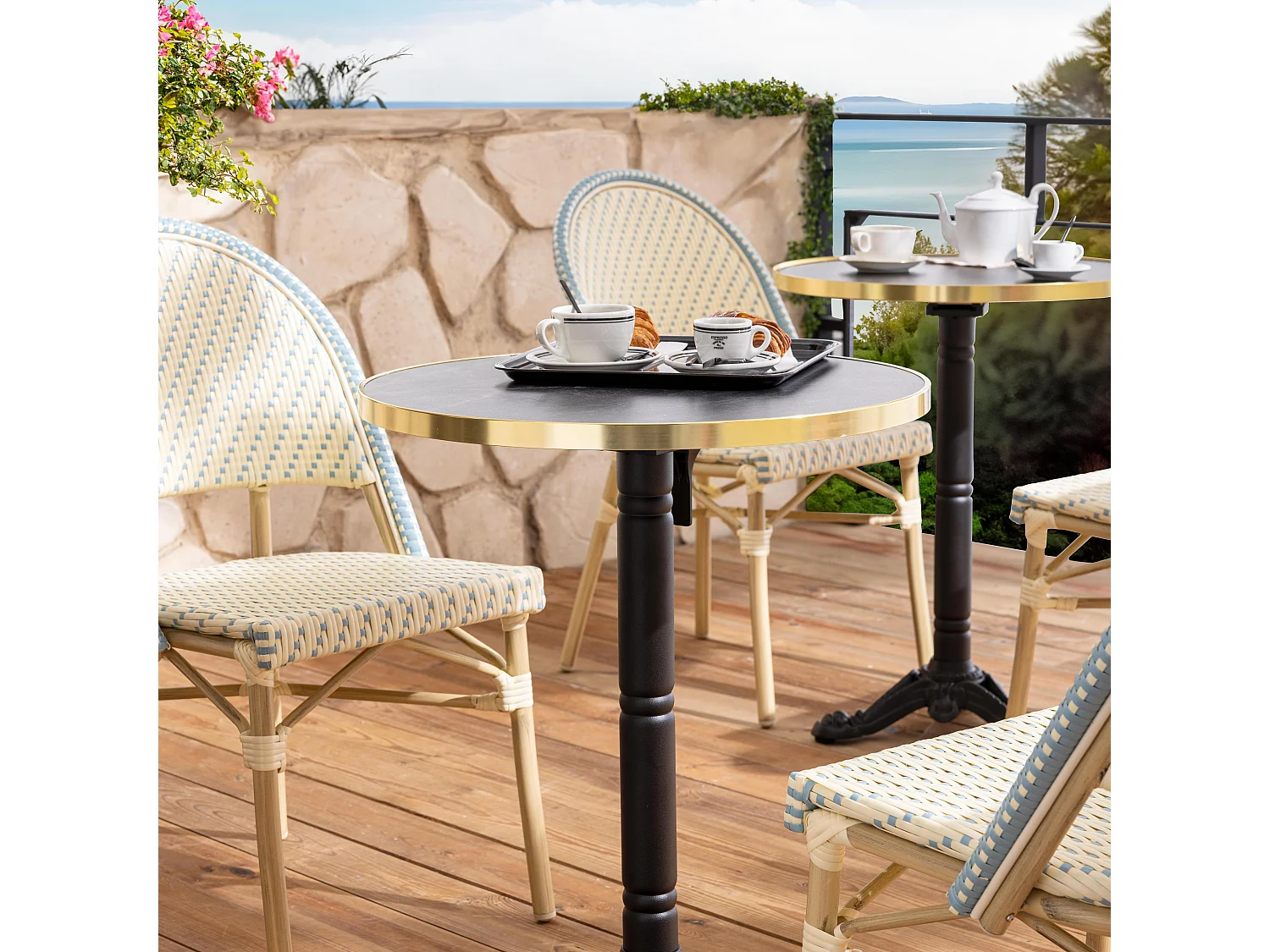 Table de terrasse 60cm inclinable marbre noir et 2 chaises bleu