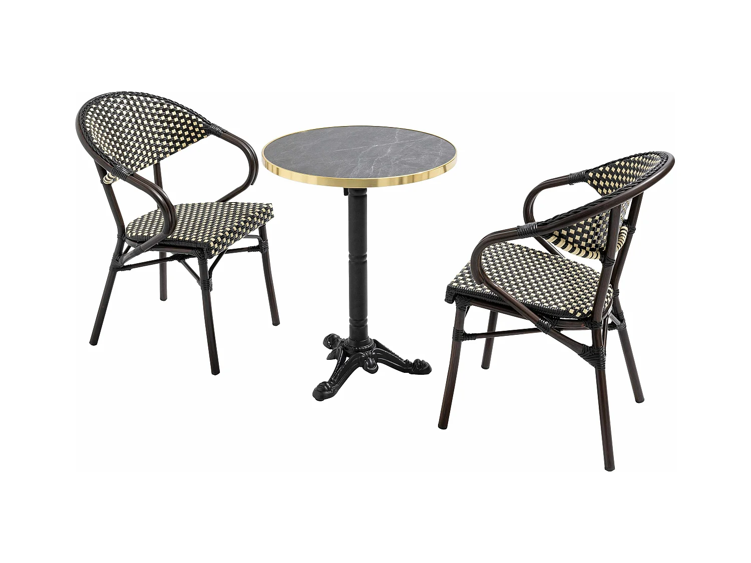 Table de terrasse 60cm inclinable marbre noir et 2 chaises noires
