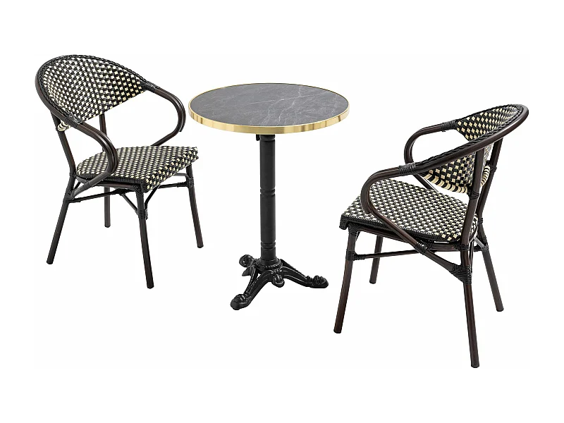 Table de terrasse 60cm inclinable marbre noir et 2 chaises noires