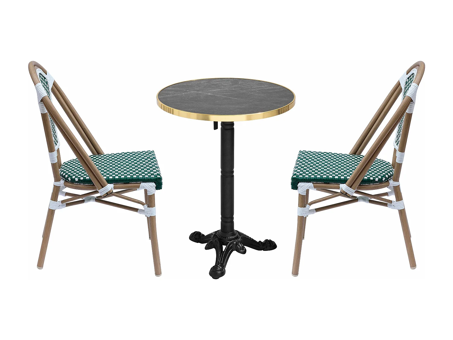 Ensemble table de terrasse inclinable marbre noir et 2 chaises vert